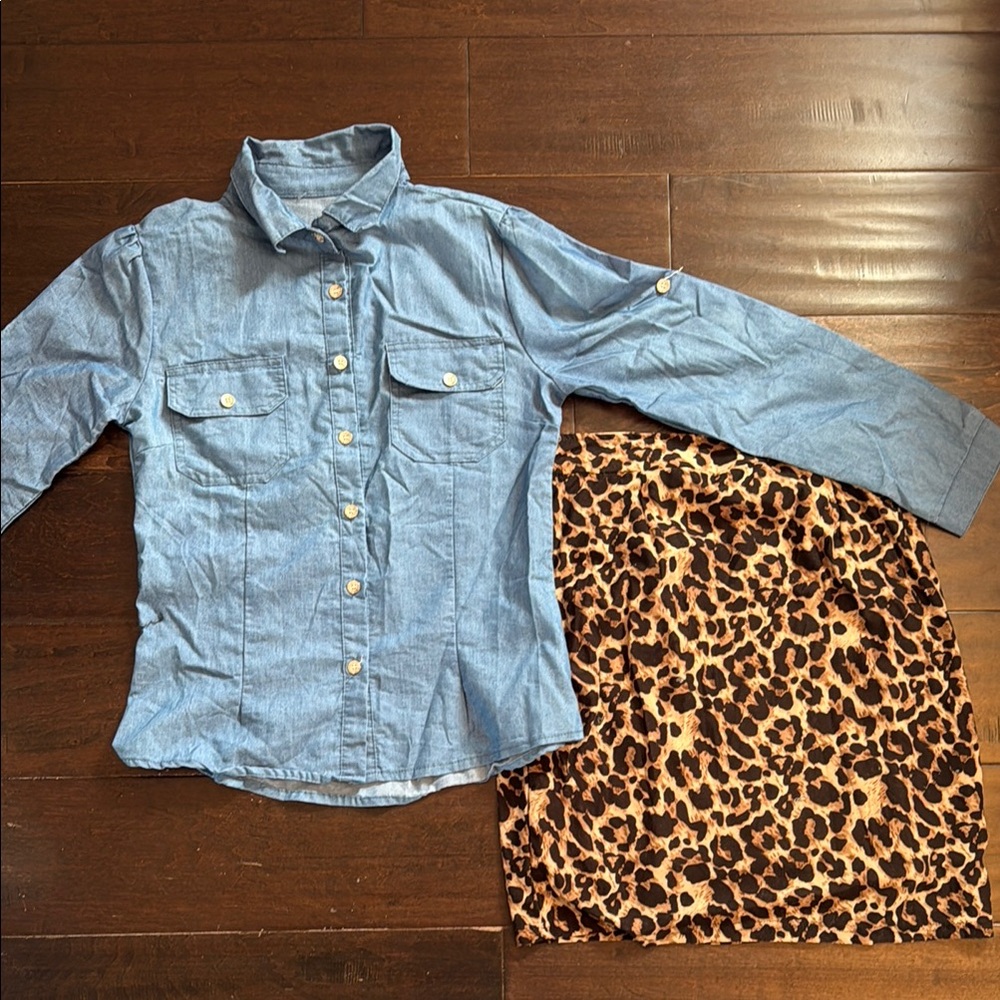 NWOT Casual Blue Button-Up Shirt with matching leopard skirt! Baby matching !